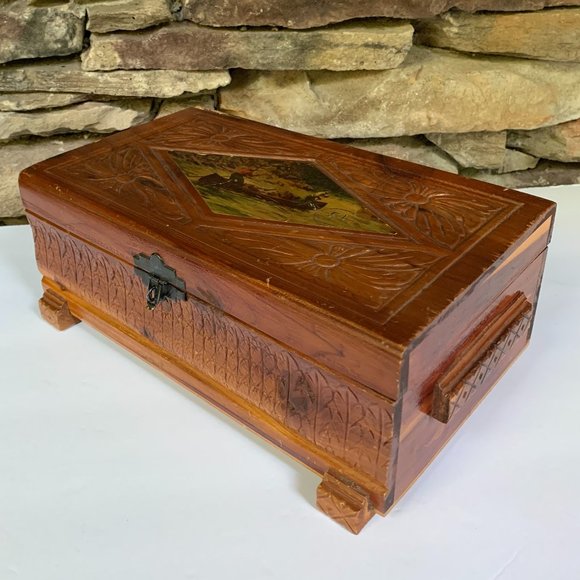 VTG Canoe Cedar Box Hand Carved Wood Decoupage Trinkets Cabin Rustic - Picture 8 of 15